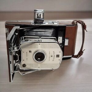 Polaroid Land Camera Model 95A 'Speedliner' Brown Leather and Metal Clean Vtg